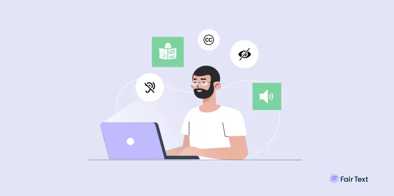 Headerschaubild wie ein Mann vor einem Laptop sitzt, um ihn schweben verschiedene Icons welche unterschiedlichen Beeinträchtigungen symbolisieren