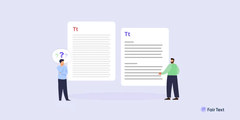 Man sieht 2 illustrierte Personen, eine steht fragend vor einer Seite, mit schlechtem Design. Die andere Person zeigt auf ein gut strukturiertes Dokument.