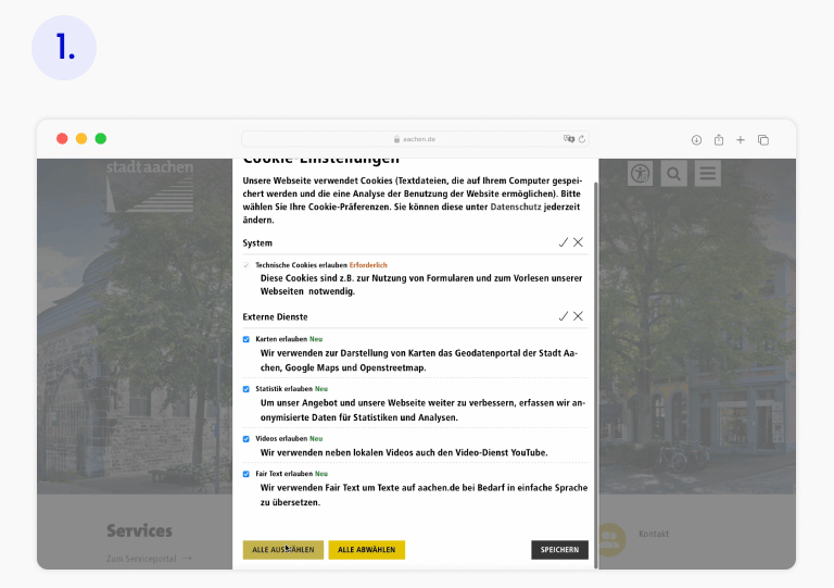 Erster Schritt des Plug&Play Tools auf der Aachen Website: Cookies akzeptieren